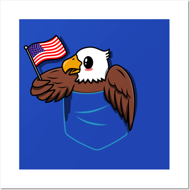 Cute Original Kawaii Patriotic American Eagle 4th Of July Independence Day Pocket Design Wall Art by BoggsNicolas